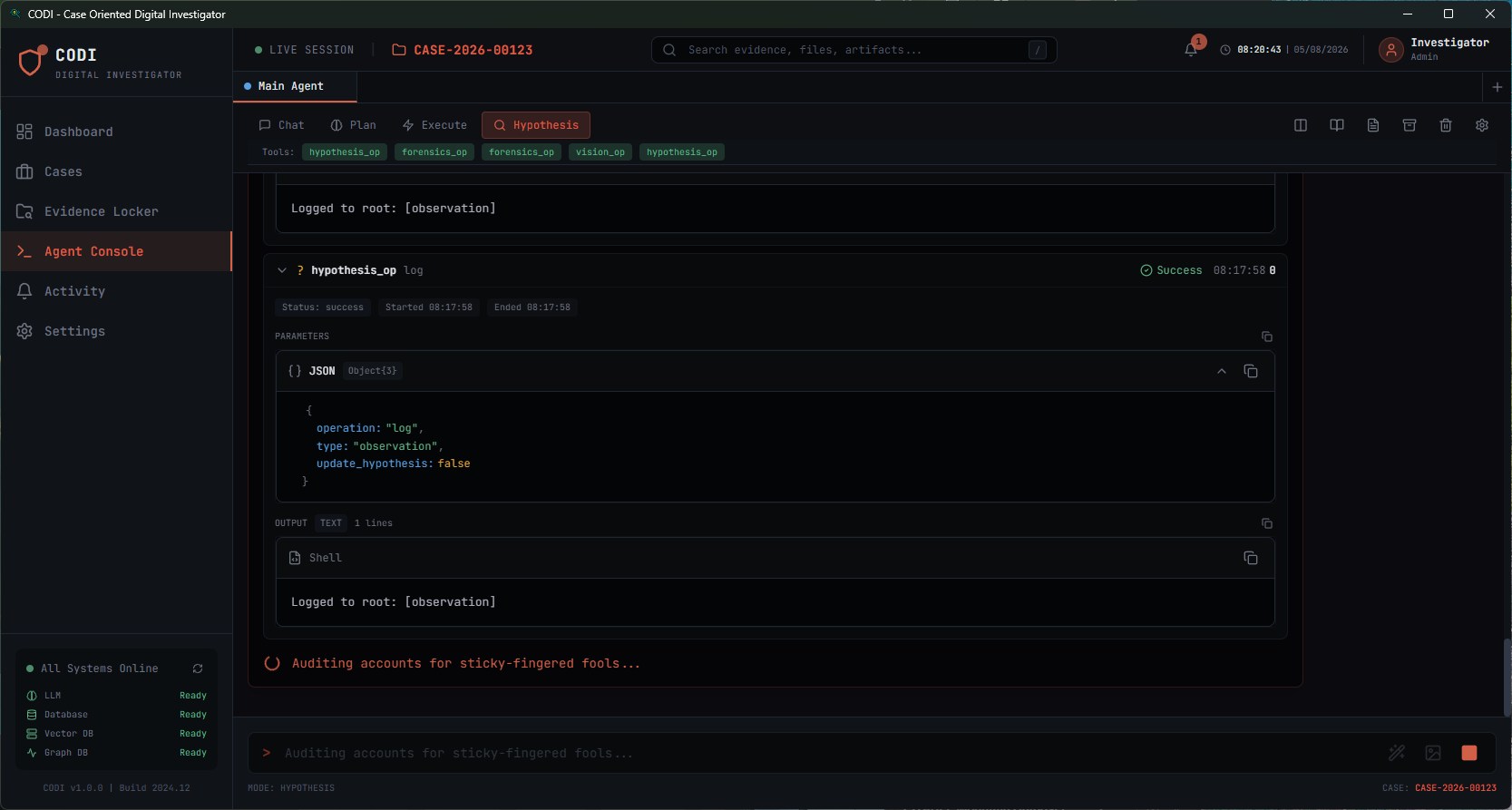 CODI terminal interface showing an AI-driven forensic investigation